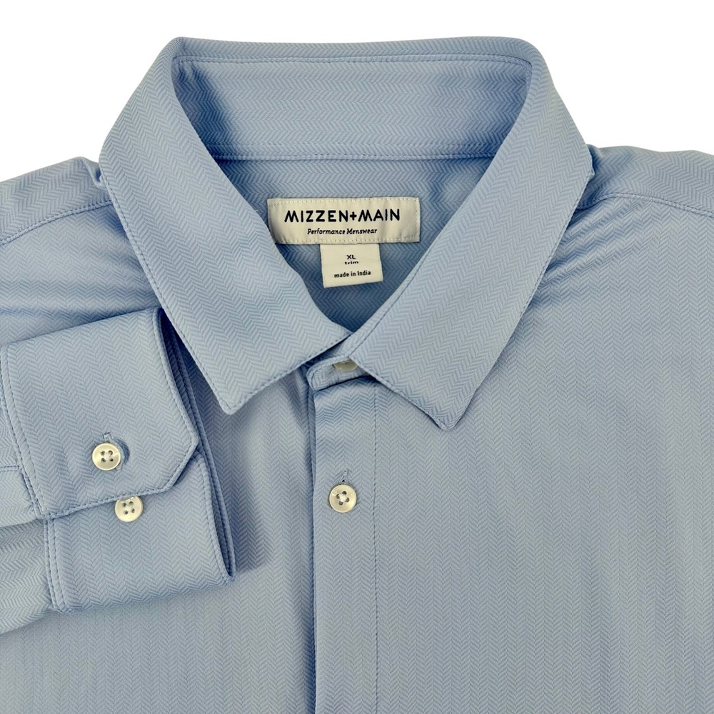 Mizzen+Main‎ Mens XL Trim Fit Spinnaker Performance Dress Shirt Blue Herringbone
